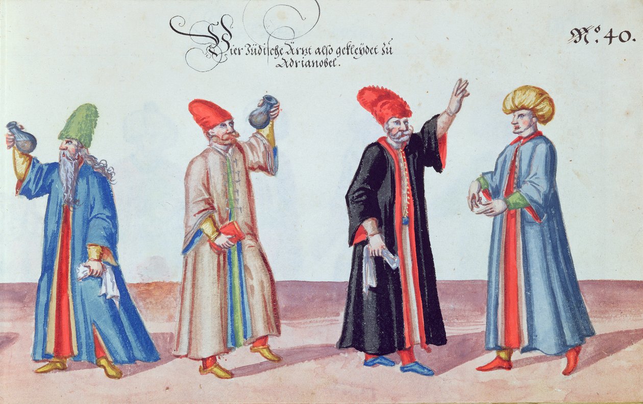 Czterech żydowskich lekarzy z Adrianopola, Turcja, ok. 1600 (wc na papierze) autorstwa German School