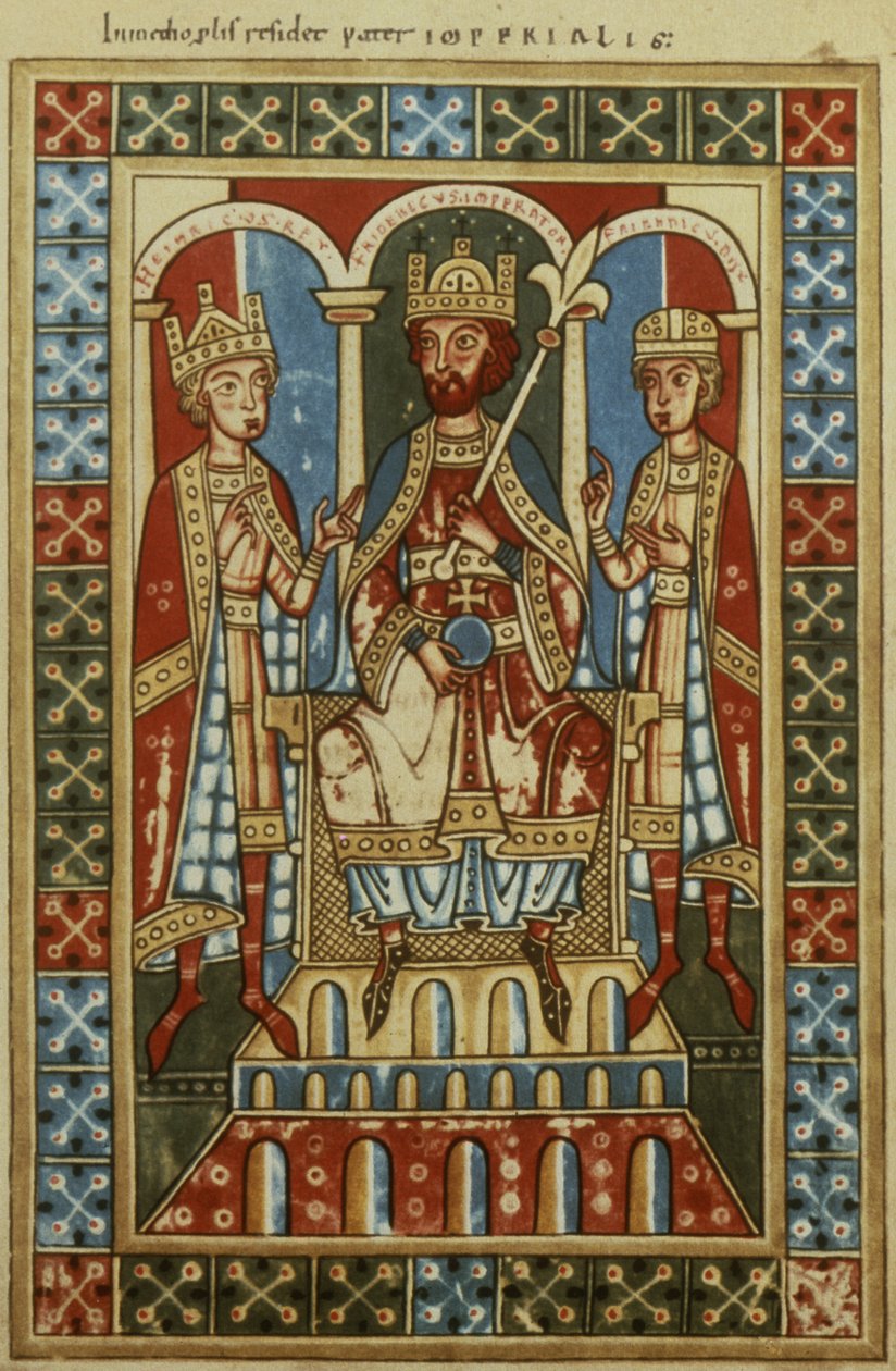 Fryderyk I z dwoma synami, królem Henrykiem VI i księciem Fryderykiem, ok.1180 autorstwa German School