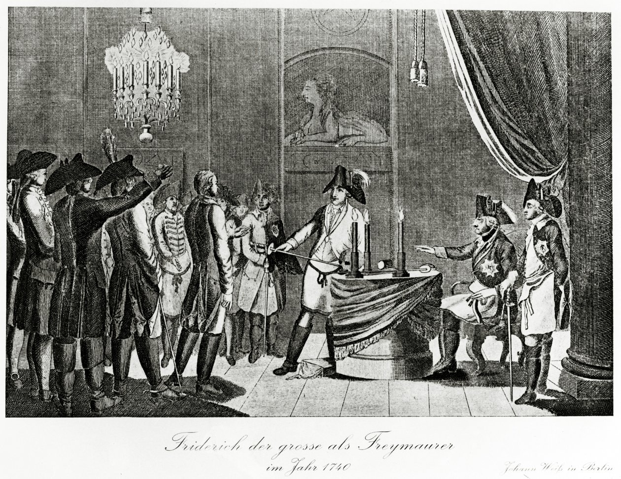 Fryderyk Wielki przyjmuje swojego szwagra Fryderyka, margrabiego Brandenburgii-Bayreuth jako masona w Berlinie w 1740 r. autorstwa German School