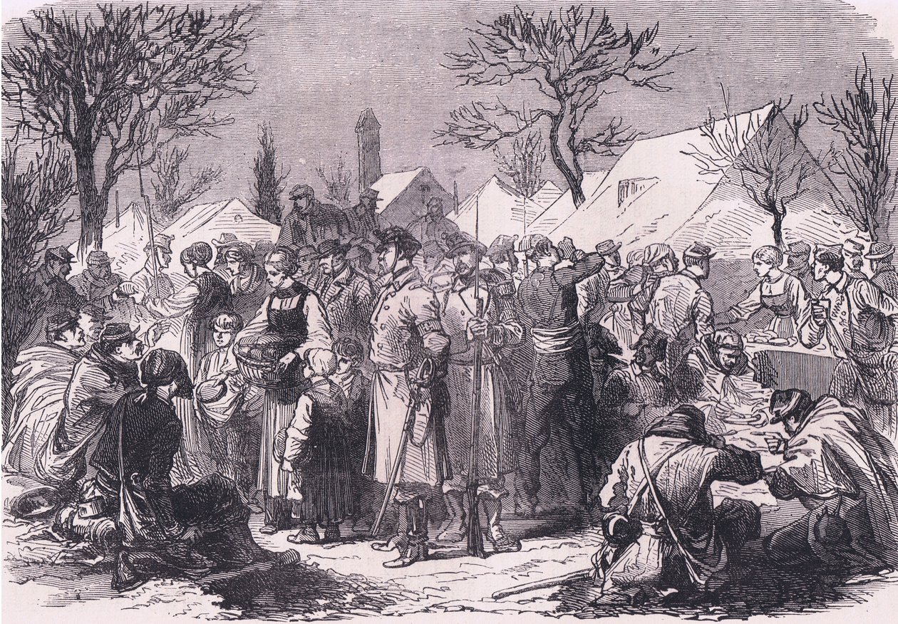 Francuscy zbiegli żołnierze w Szwajcarii, Cassells History of the War between France and Germany opublikowany przez Cassell and Company Limited, c.1890 (lito) autorstwa German School