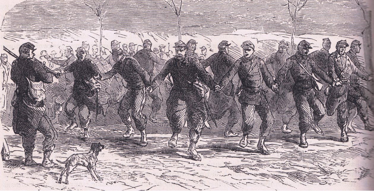 Francuscy żołnierze tańczący w obozie, Cassells History of the War between France and Germany wydana przez Cassell and Company Limited, c.1890 (lito) autorstwa German School