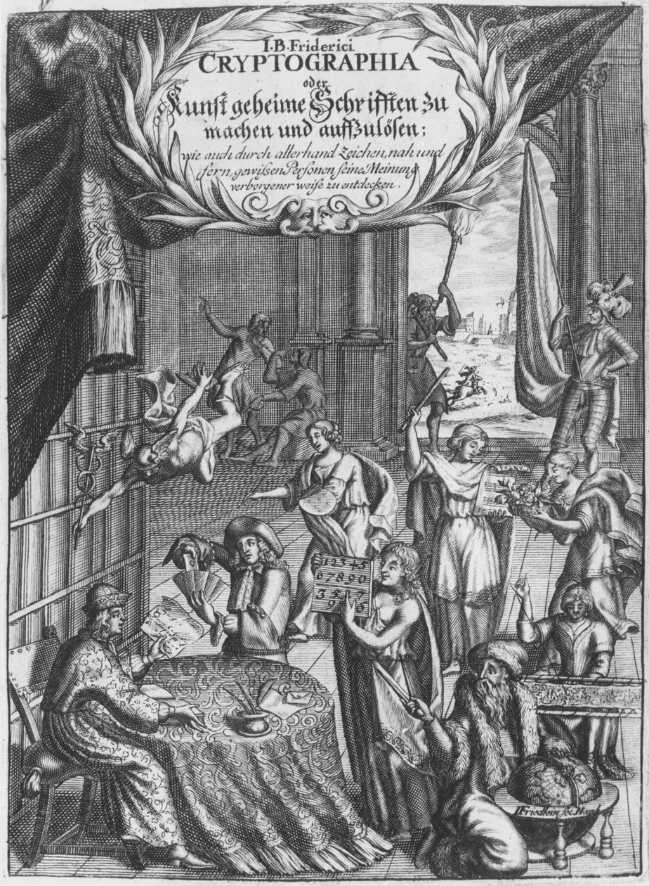 Frontyspis, ilustracja z Cryptographia, czyli tajnych pism Johanna Balthasara Fridericiego, sztychowana przez Johana Friedleina (XVII w.) wydana w Hamburgu, 1685 autorstwa German School