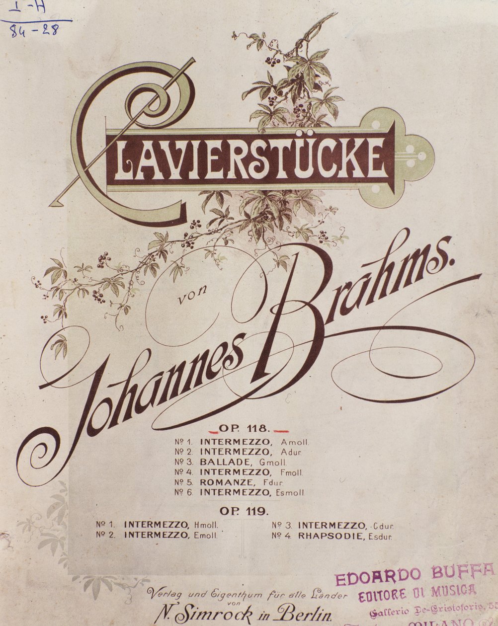 Frontyspis Clavierstucke (op. 118 i op. 119) Johannesa Brahmsa (1833-1897) autorstwa German School
