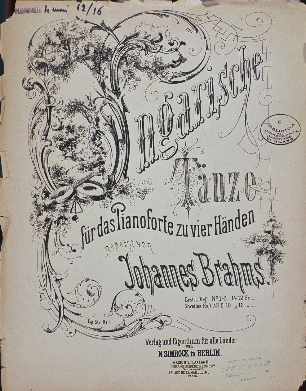 Frontyspis Tańców Węgierskich (Taniec Węgierski) Johannesa Brahmsa (1833-1897) autorstwa German School