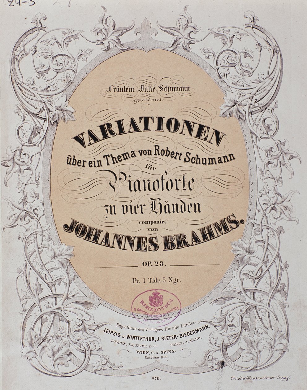 Frontyspis „Wariacje na temat Roberta Schumanna” (op. 23) Johannesa Brahmsa (1833-1897) autorstwa German School