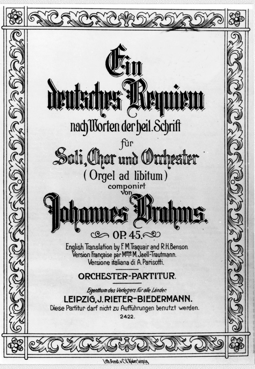 Frontyspis niemieckiego Requiem Johannesa Brahmsa (1833 - 1897) (lito) autorstwa German School