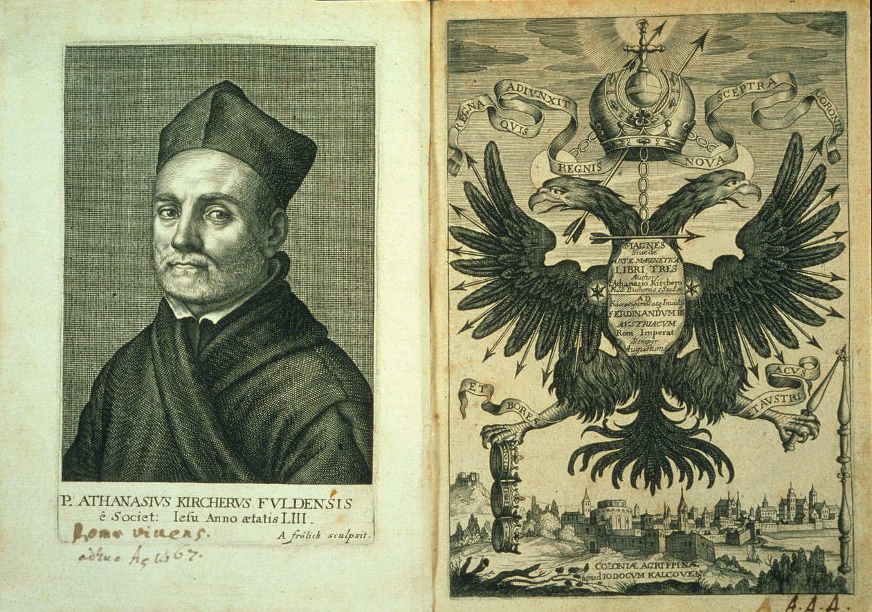Frontyspis do Magnesa lub magnetycznej sztuki trójstronnego dzieła autorstwa Athanasius Kircher, 1643 autorstwa German School