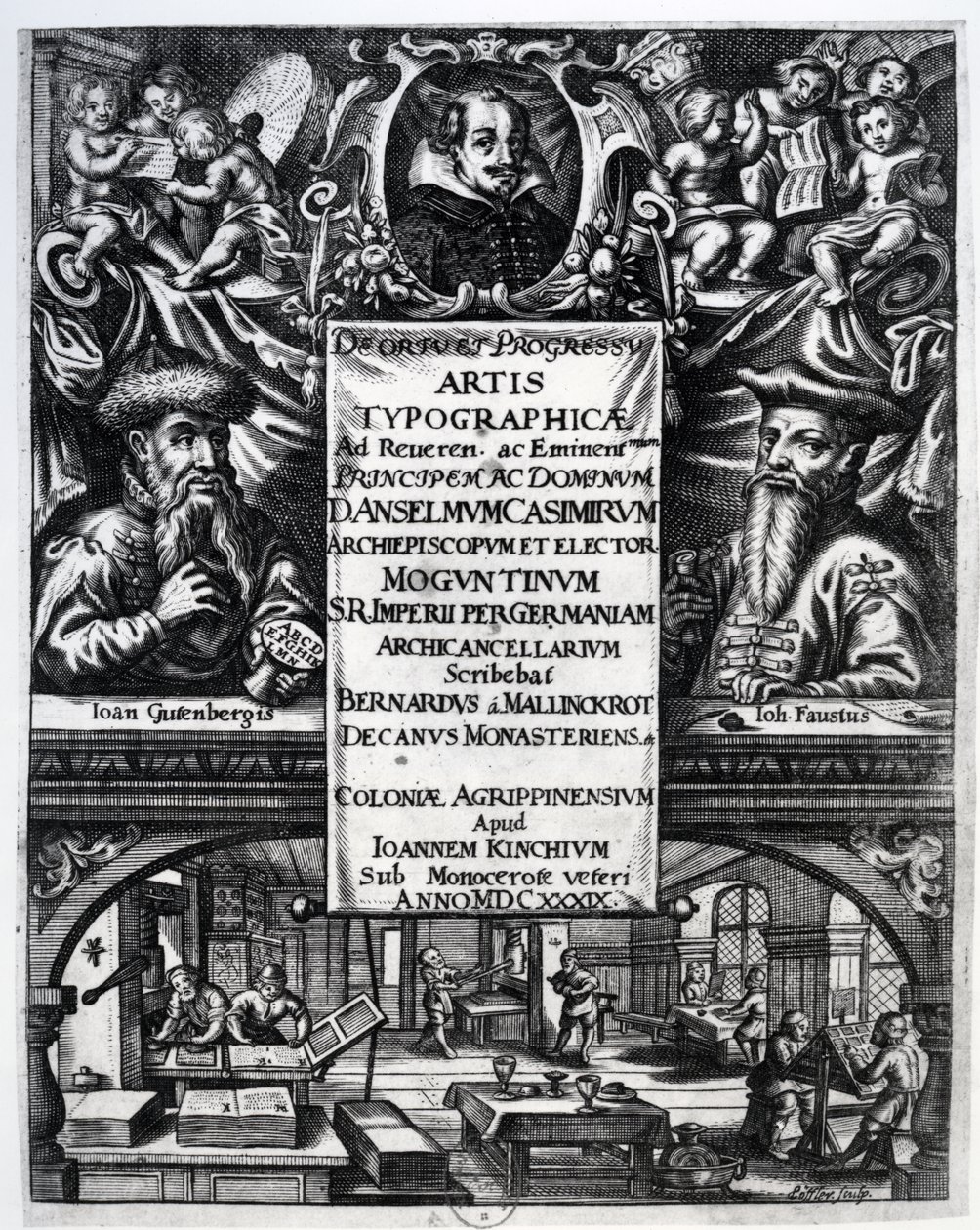 Frontyspis do „O pochodzeniu i historii typografii” Bernardusa Mallinckrodta, 1634 autorstwa German School