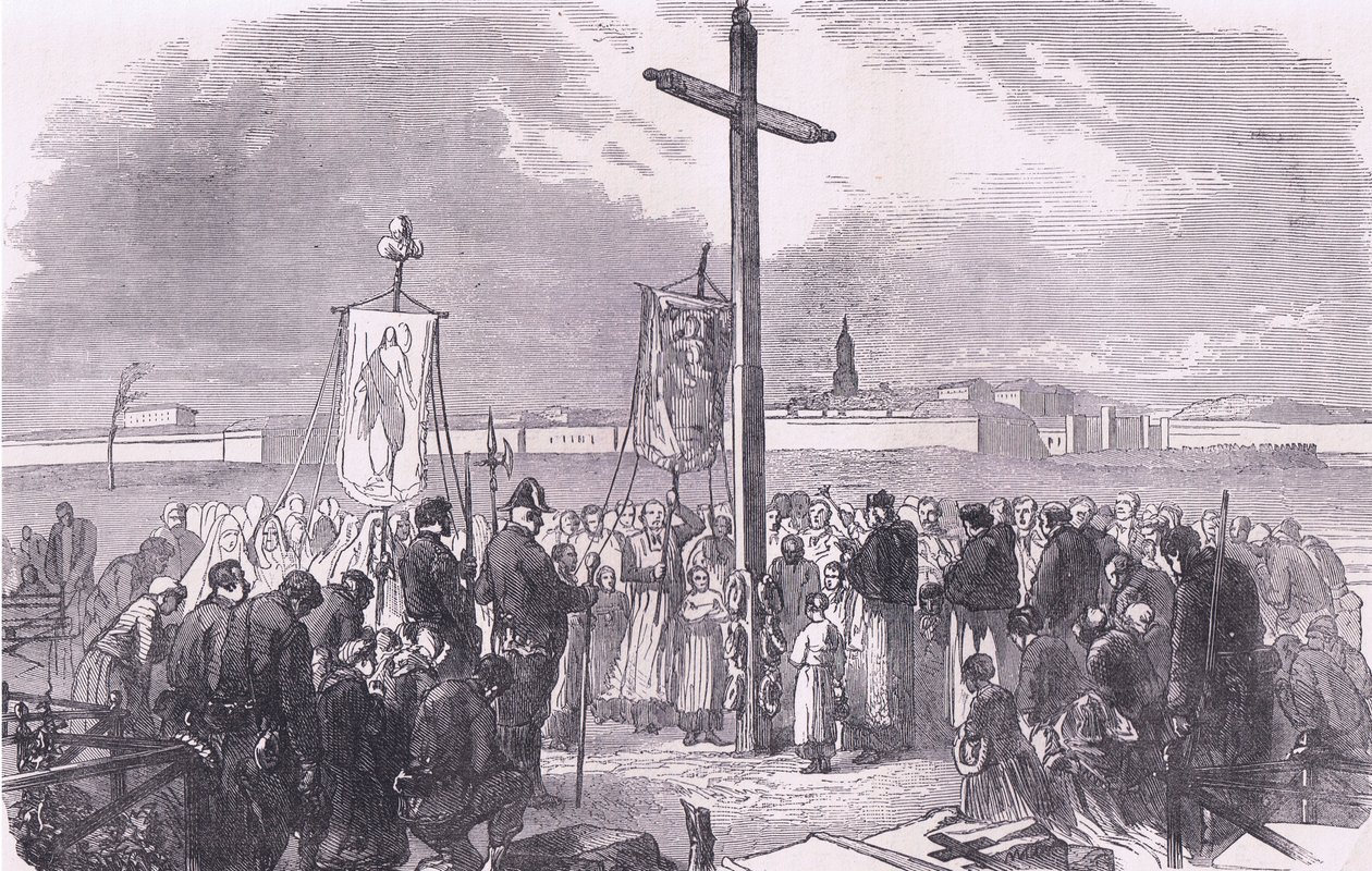 Ceremonia pogrzebowa nad francuskimi żołnierzami poległymi podczas oblężenia Paryża, Cassells History of the War between France and Germany wydana przez Cassell and Company Limited, c.1890 (lito) autorstwa German School