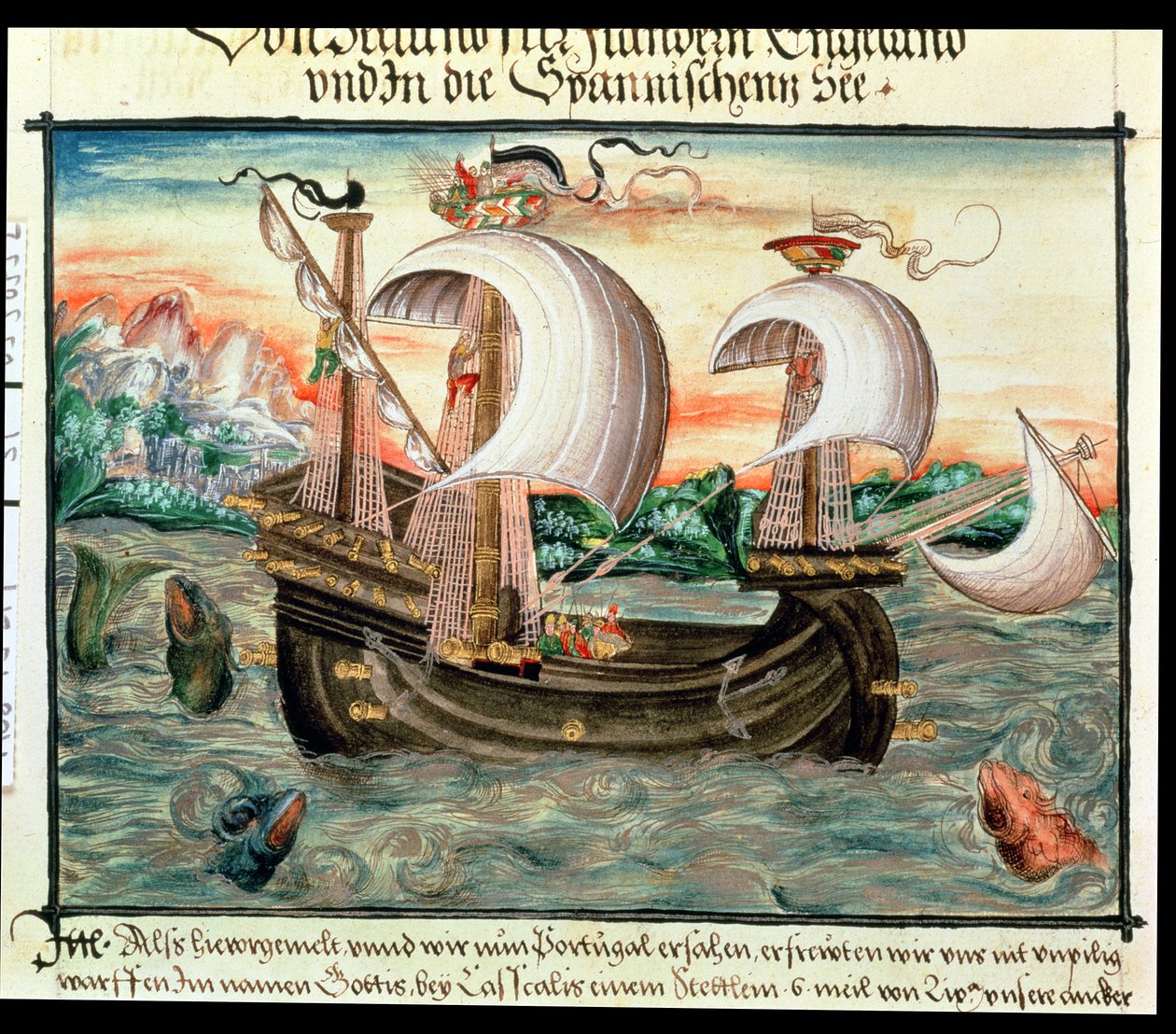 Galeon w pełnym żaglu w drodze do Portugalii, zilustrowany przez rodzinę Color (lub Keller) z Norymbergi (welum) autorstwa German School