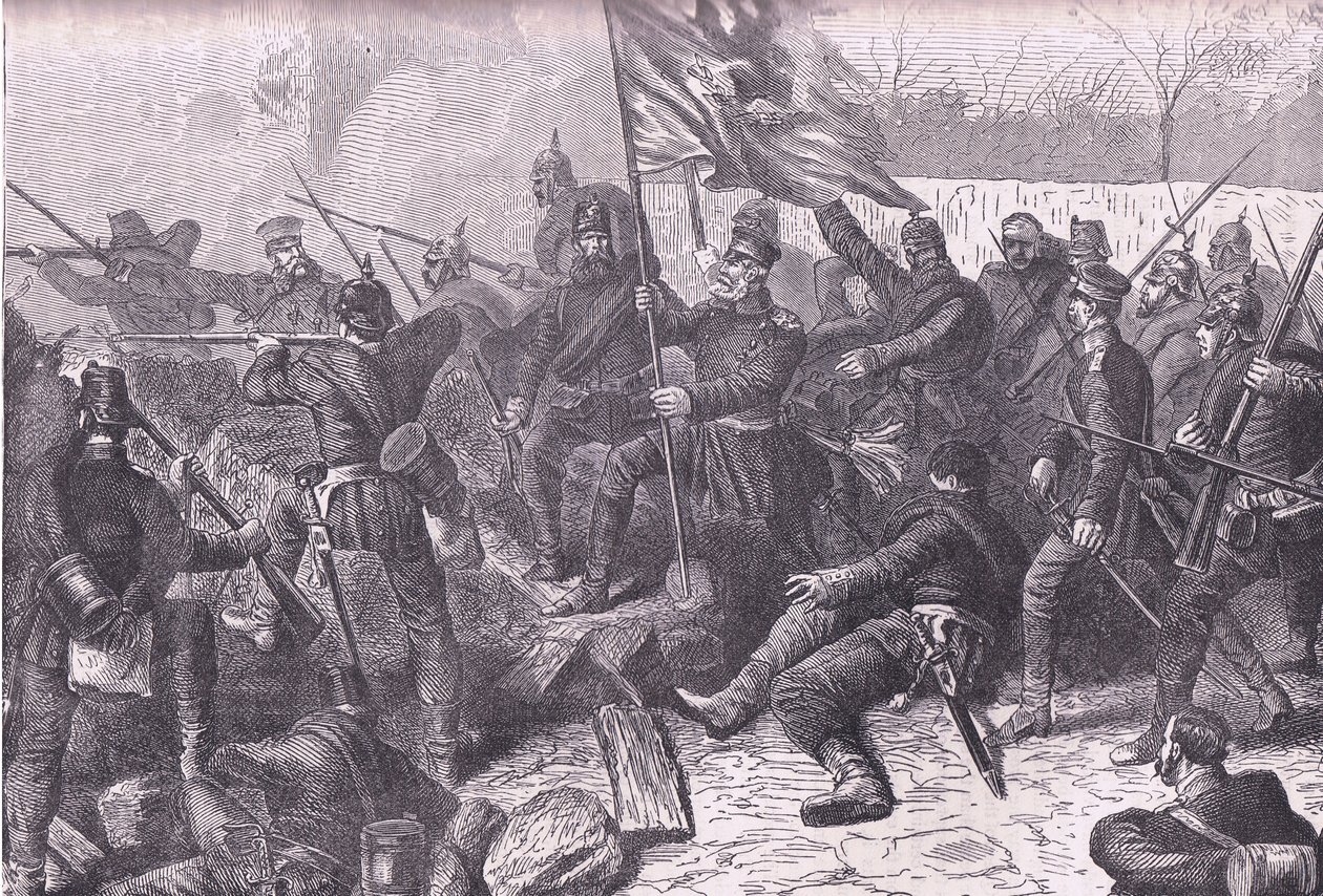Generał von Budretzky kierujący atakiem na Le Bourget, Cassells History of the War between France and Germany opublikowany przez Cassell and Company Limited, c.1890 (lito) autorstwa German School
