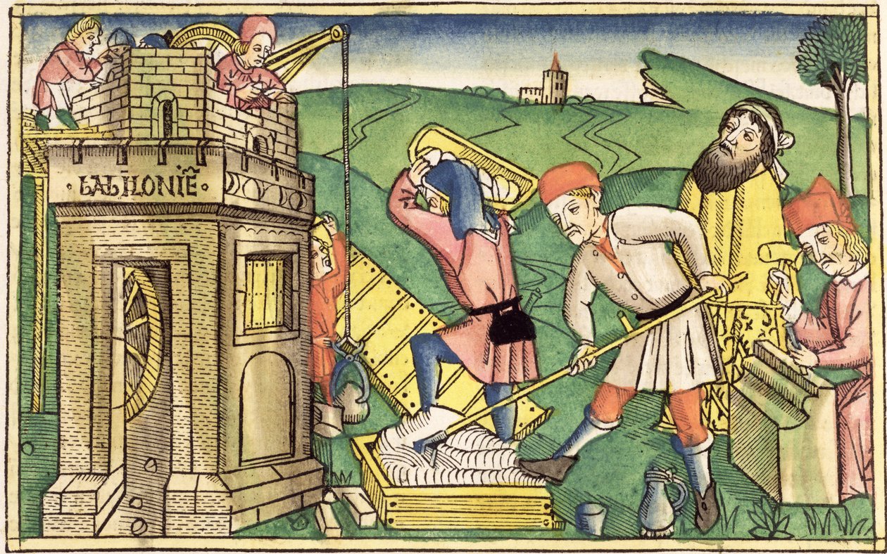 Rodzaju 11 1-9 Budowa wieży Babel, z Biblii Norymberskiej (Biblia Sacra Germanaica) (kolorowy drzeworyt) autorstwa German School
