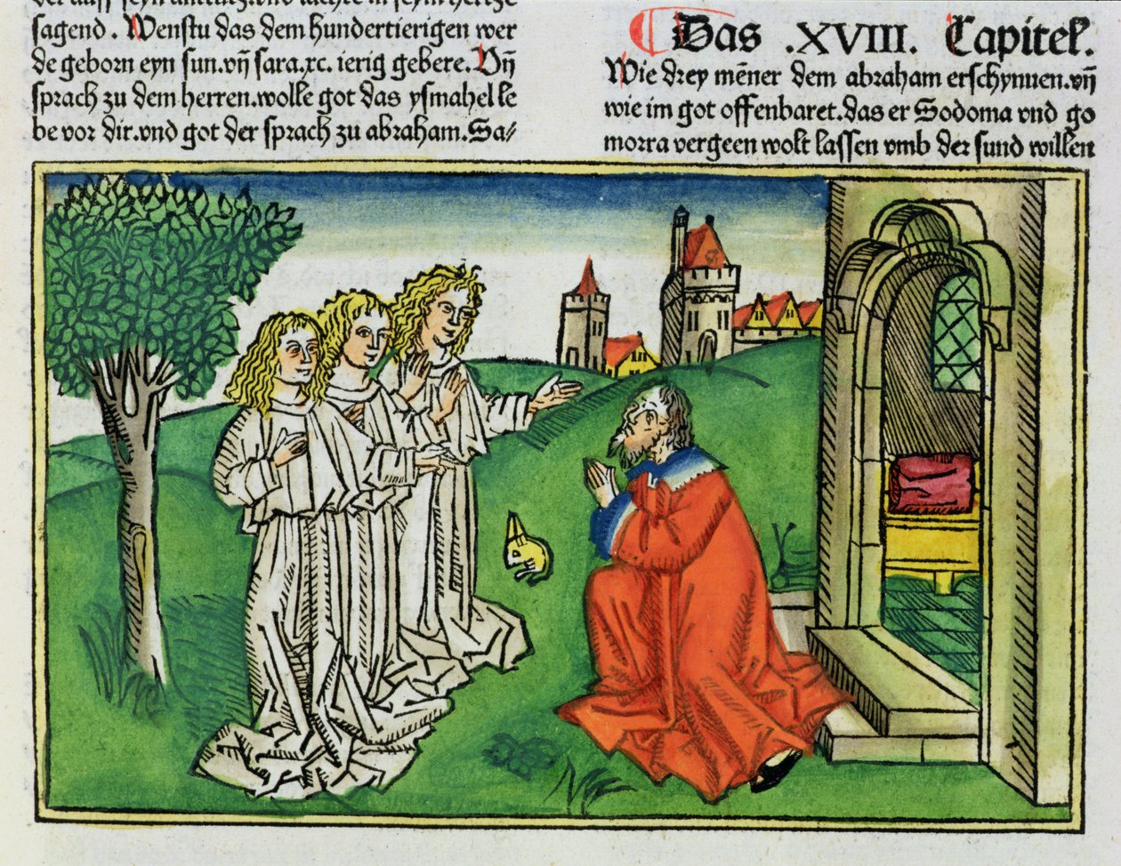 Rodzaju 18 2 Abraham i trzej aniołowie, z Biblii Norymberskiej (Biblia Sacra Germanaica) (kolorowy drzeworyt) autorstwa German School