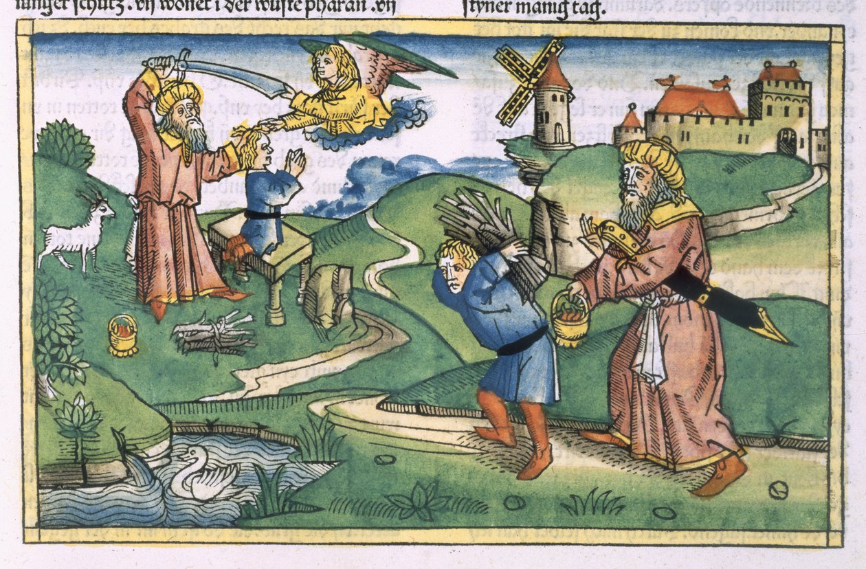 Genesis 21 1-14 Abrahams ofiarowanie Izaaka, z Biblii Norymberskiej (Biblia Sacra Germanaica) (kolorowy drzeworyt) autorstwa German School