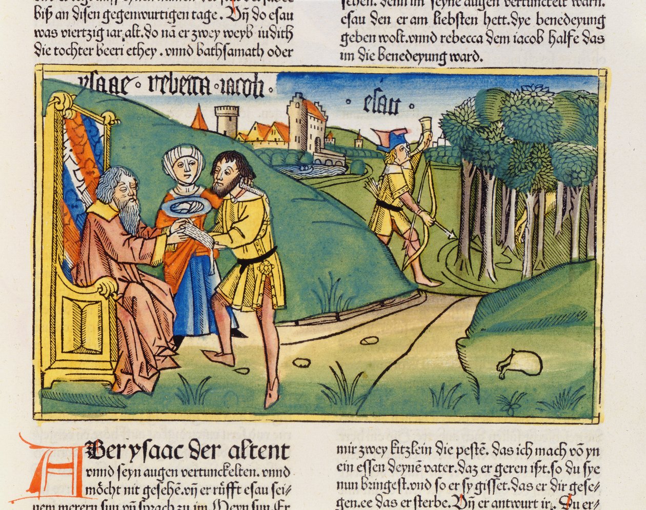 Księga Rodzaju 27 6-29 Jakub otrzymuje błogosławieństwo Izaaka, z Biblii Norymberskiej (Biblia Sacra Germanaica) (kolorowy drzeworyt) autorstwa German School