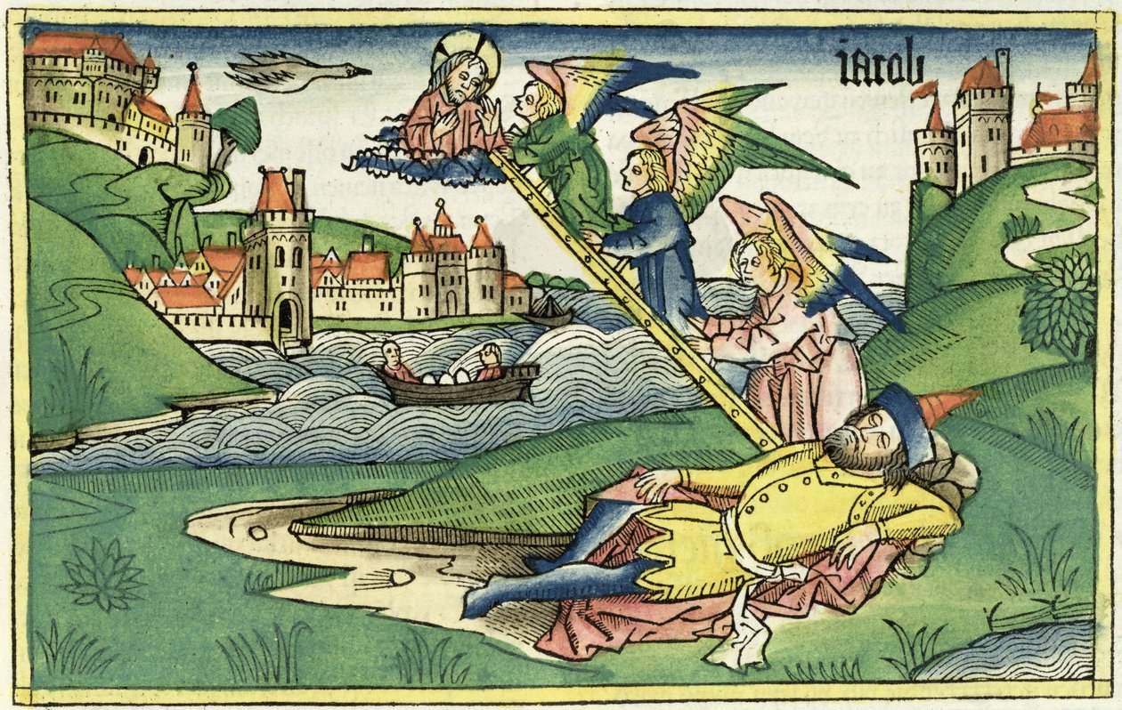 Rodzaju 28 10 Drabina Jakubowa, z Biblii Norymberskiej (Biblia Sacra Germanaica) (kolorowy drzeworyt) autorstwa German School