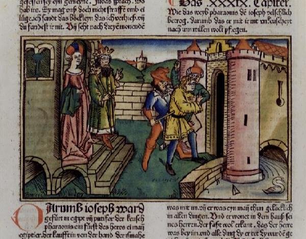 Genesis 39 19-23 Innocenty Józef w więzieniu, z „Biblii norymberskiej (Biblia Sacra Germanaica)” (kolorowy drzeworyt) autorstwa German School