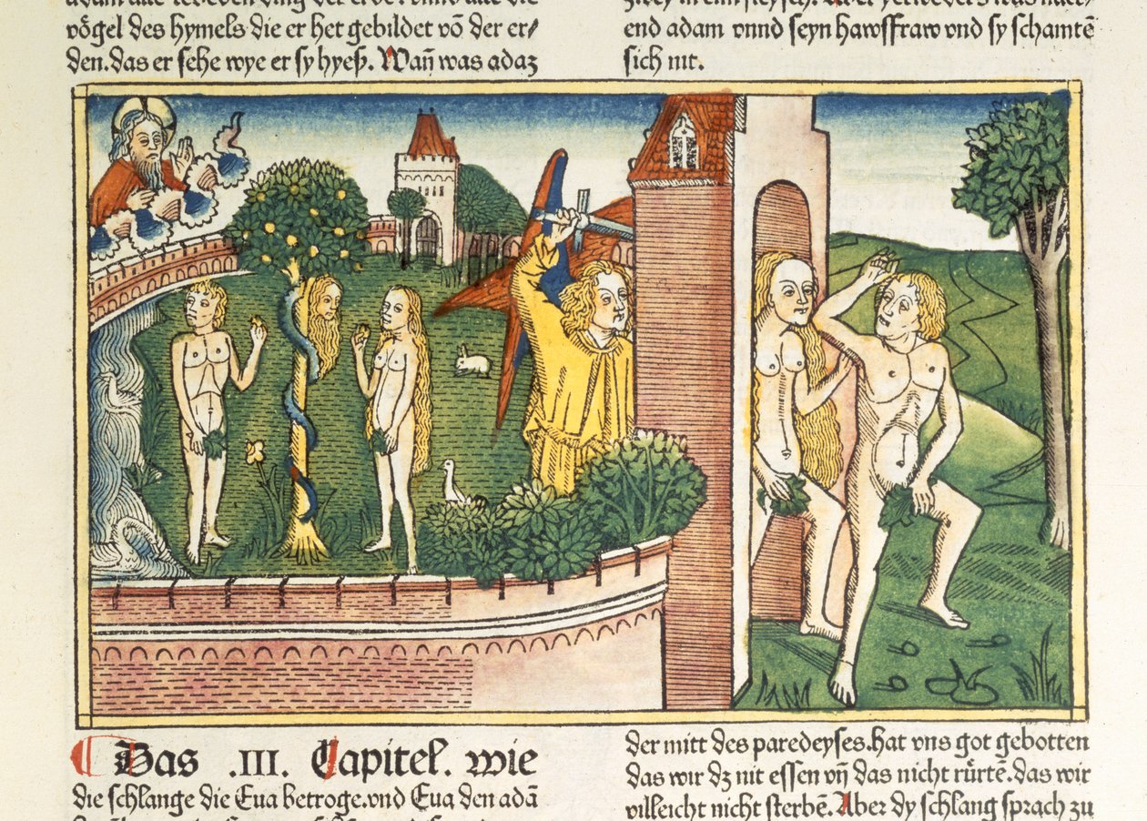 Rodzaju 3 1-24 Kuszenie i wygnanie z raju, z Biblii Norymberskiej (Biblia Sacra Germanaica) (kolorowy drzeworyt) autorstwa German School