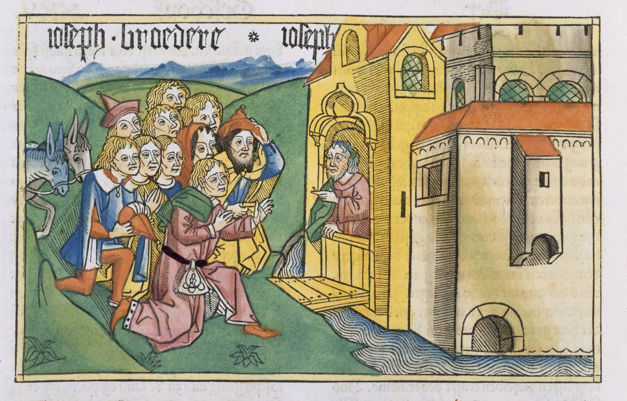 Rodzaju 42 1-5 Przybycie braci Józefa do Egiptu z „Biblii Norymberskiej (Biblia Sacra Germanaica)” (drzeworyt kolorowy) autorstwa German School