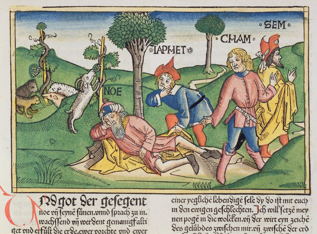 Rdz 9 20-27 Noe okryty płaszczem przez synów Szema, Chama i Japeta, z Biblii Norymberskiej (Biblia Sacra Germanaica) (kolorowy drzeworyt) autorstwa German School