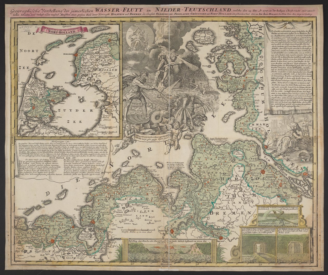 Geograficzne przedstawienie nieszczęsnej powodzi wodnej w Dolnych Niemczech, która miała miejsce 25 grudnia 1717 r., ok. 1718 r. (druk) autorstwa German School