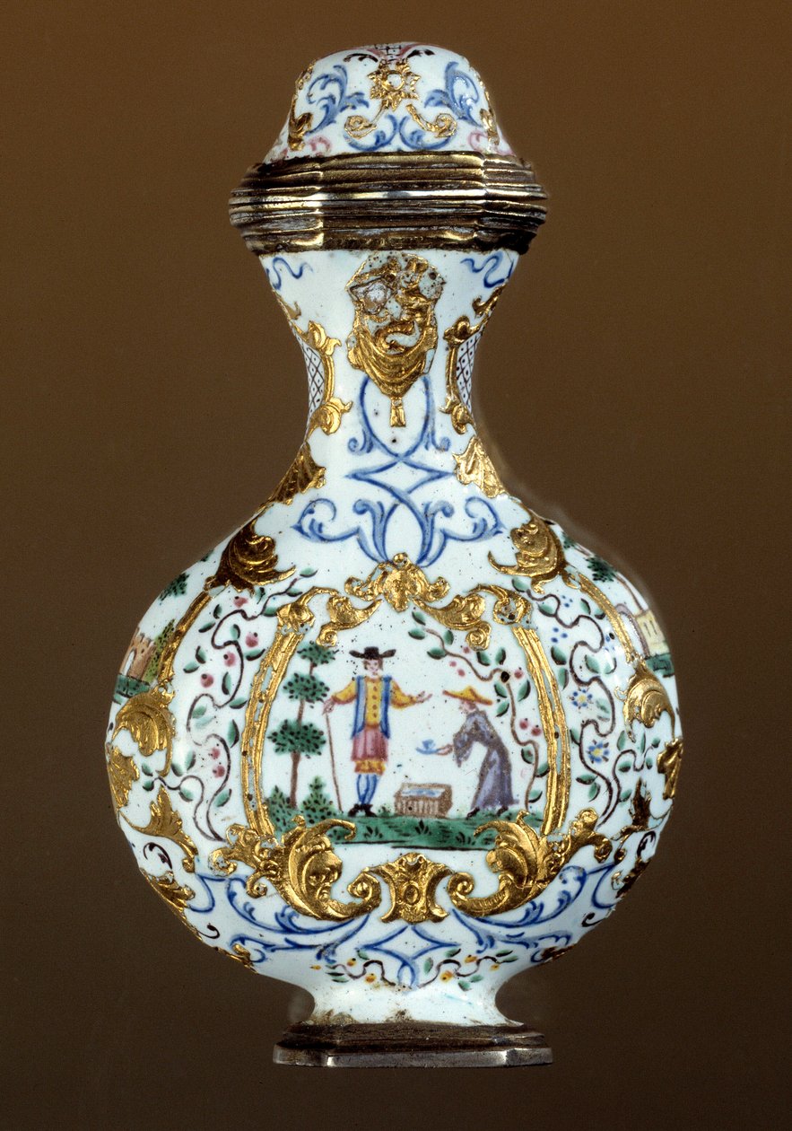 Sztuka niemiecka: butelka perfum z XVIII wieku (enamaille; scena chinoiserie) autorstwa German School