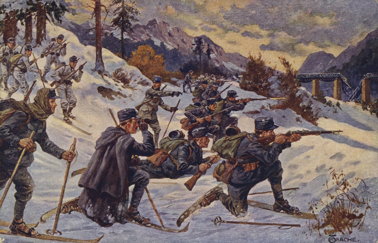 Niemieckie i austriackie oddziały narciarskie na Przełęczy Dukielskiej, Karpaty, I wojna światowa autorstwa German School
