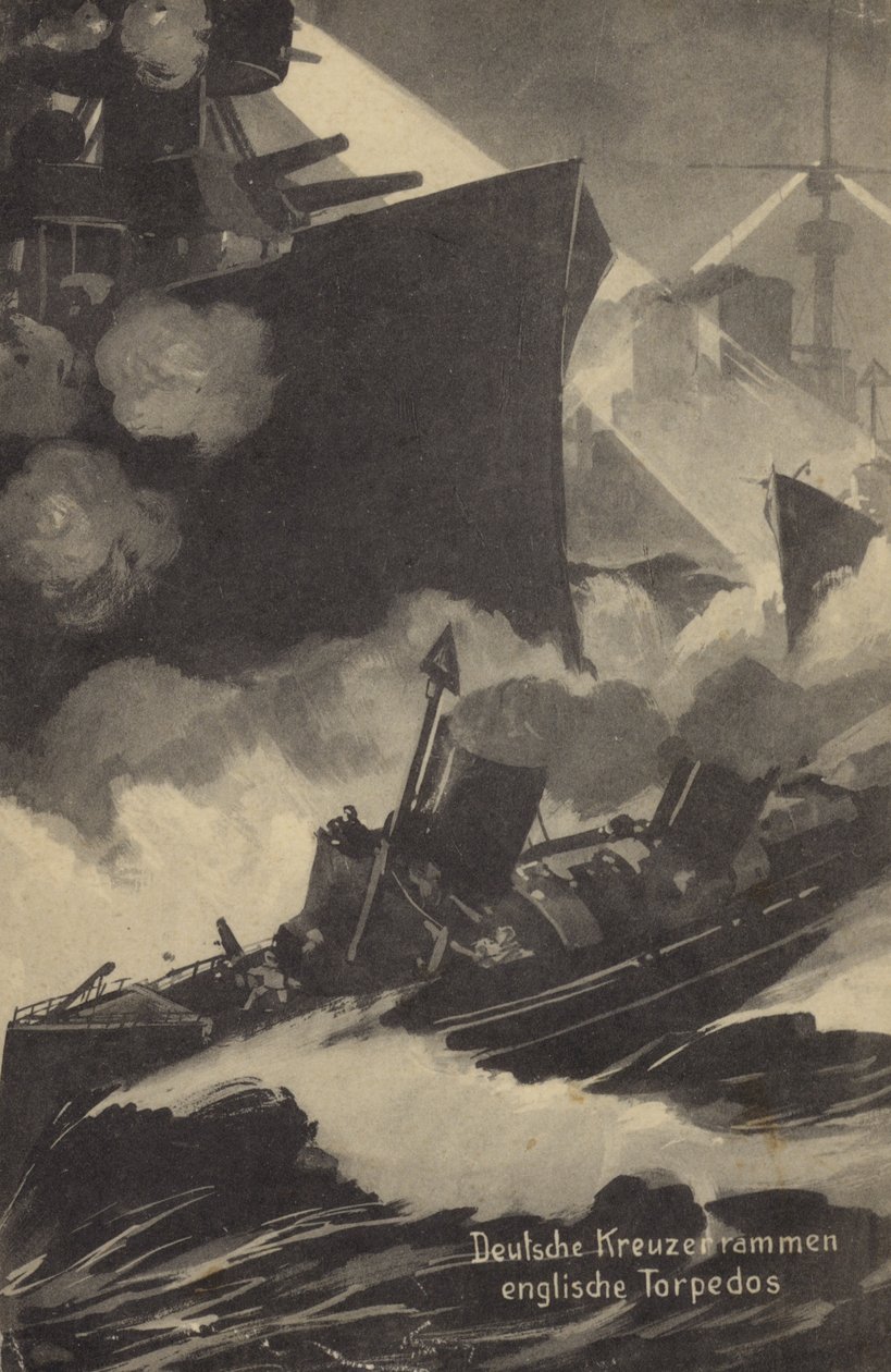 Niemiecki krążownik taranujący brytyjski kuter torpedowy, I wojna światowa (litografia) autorstwa German School