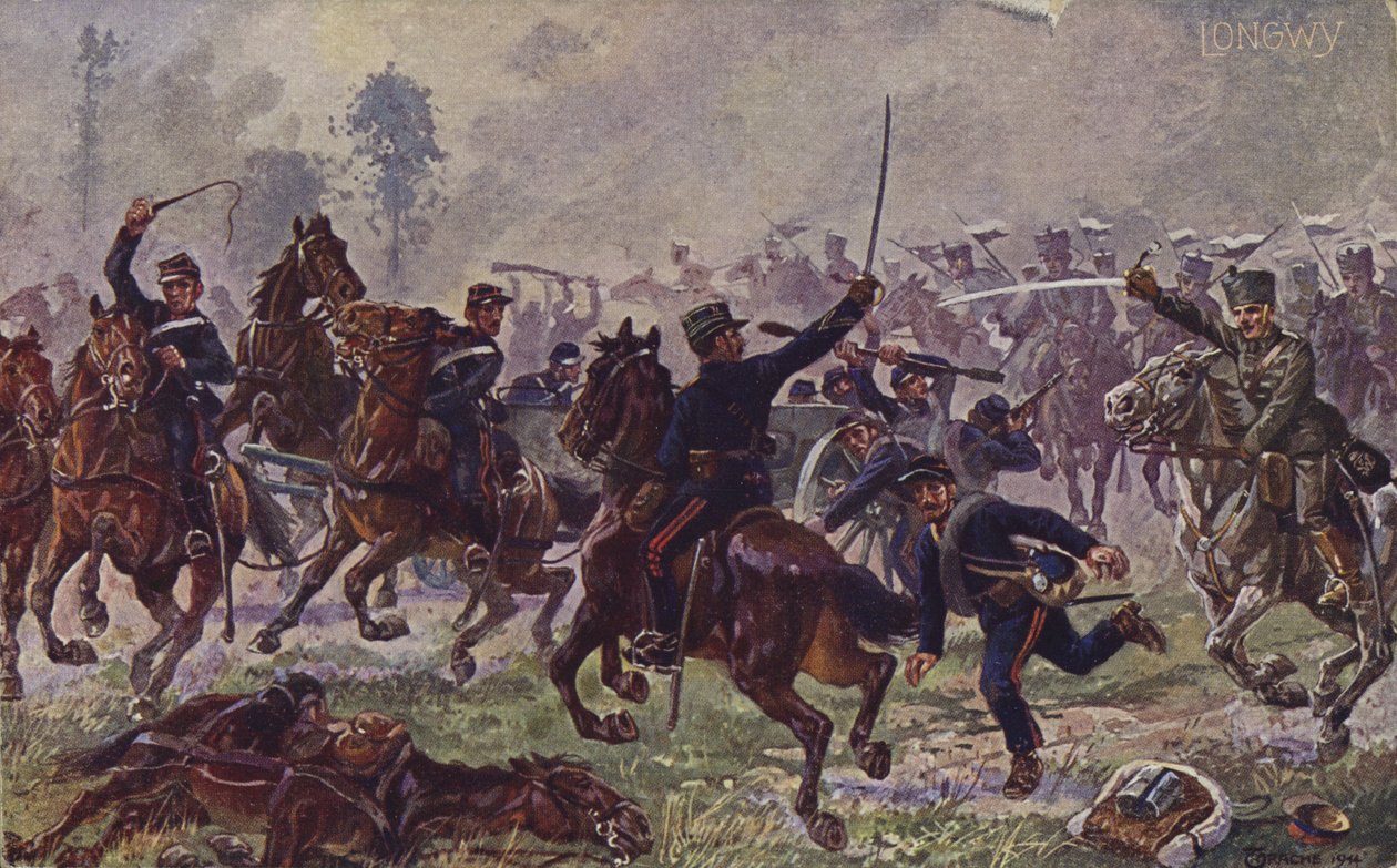 Niemieccy huzarzy zdobywający francuskie działa pod Longwy, I wojna światowa, 22 sierpnia 1914 r. (kolorowa litografia) autorstwa German School