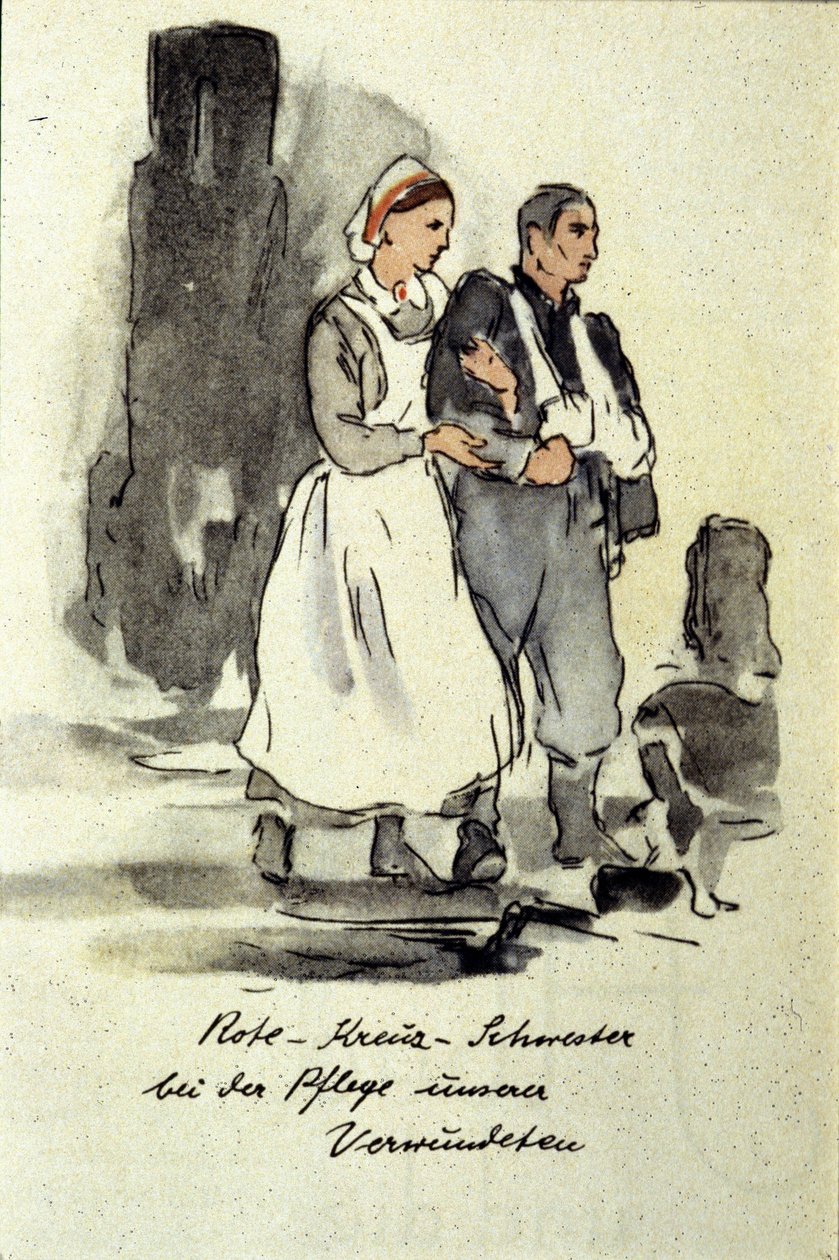 Niemiecka pielęgniarka podtrzymująca rannego mężczyznę. 1942. autorstwa German School