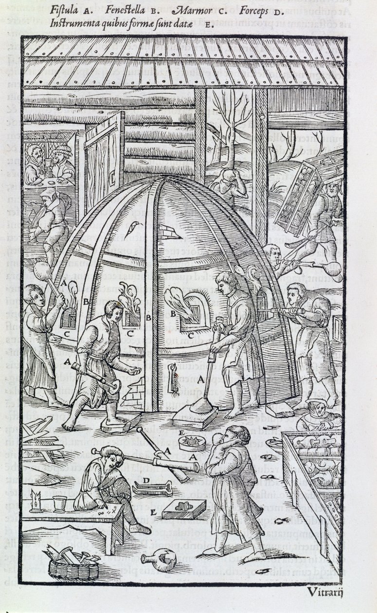Huta szkła, ilustracja przedstawiająca piec marmurowy i dmuchawy szkła (drzeworyt) autorstwa German School