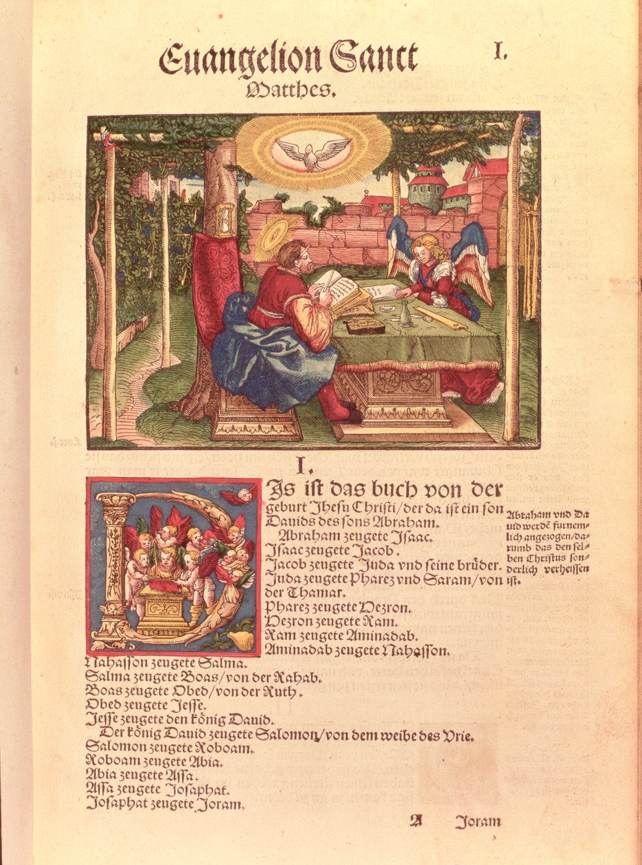 Ewangelia św. Mateusza, księga I, z Biblii Lutra, ok. 1530 (kolorowy drzeworyt) autorstwa German School
