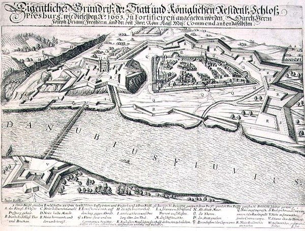 Plan miasta i zamku Pressburg oraz jego fortyfikacji w 1663 r., ilustracja z księgi o kampaniach osmańskich w Europie, sztychowana przez Paula Fursta (ok. 1605-66) (rycina) autorstwa German School