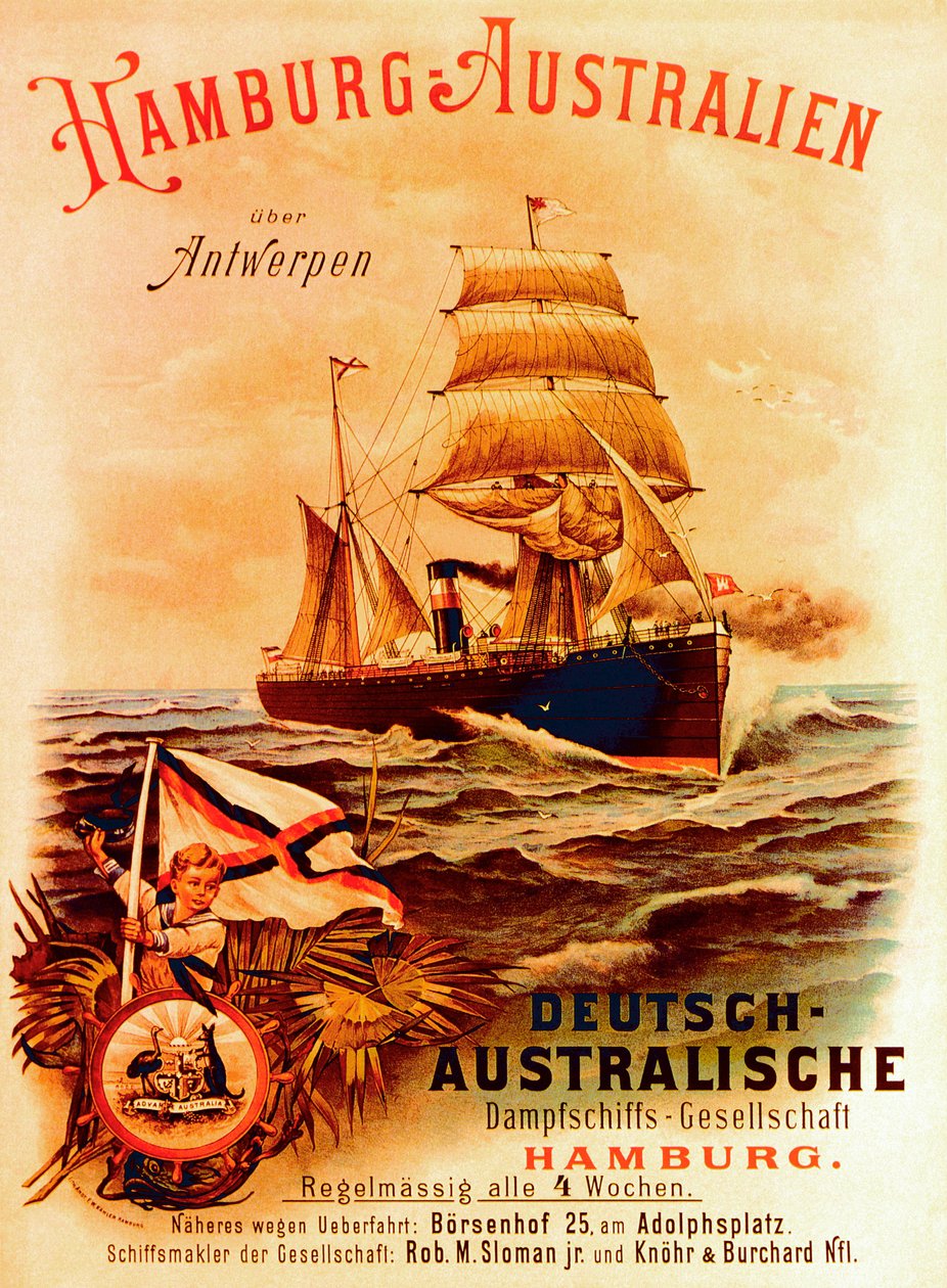 Hamburg - Australia, plakat reklamujący German Australian Steamship Company, 1889 autorstwa German School