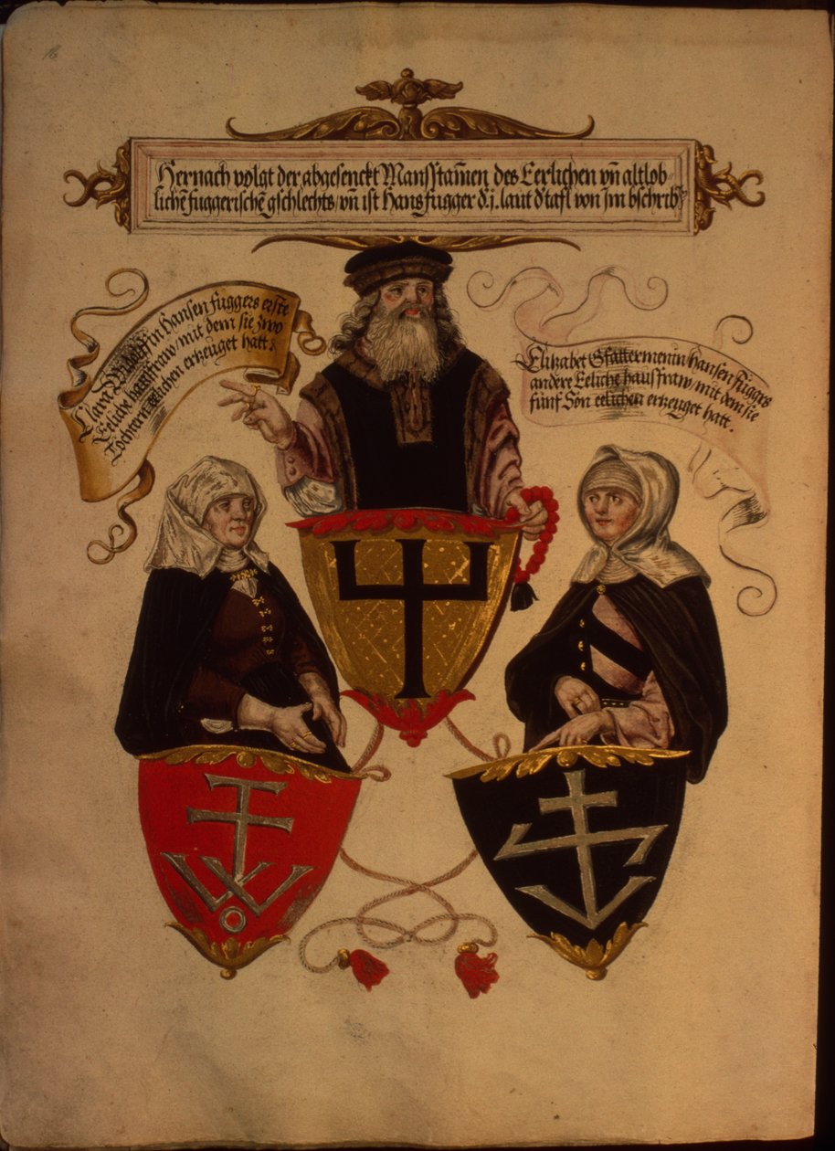 Hans Fugger i jego dwie żony Clara Widolf i Elisabeth Gfattermann, z Sekretnej Księgi Honorowej rodziny Fuggerów autorstwa German School