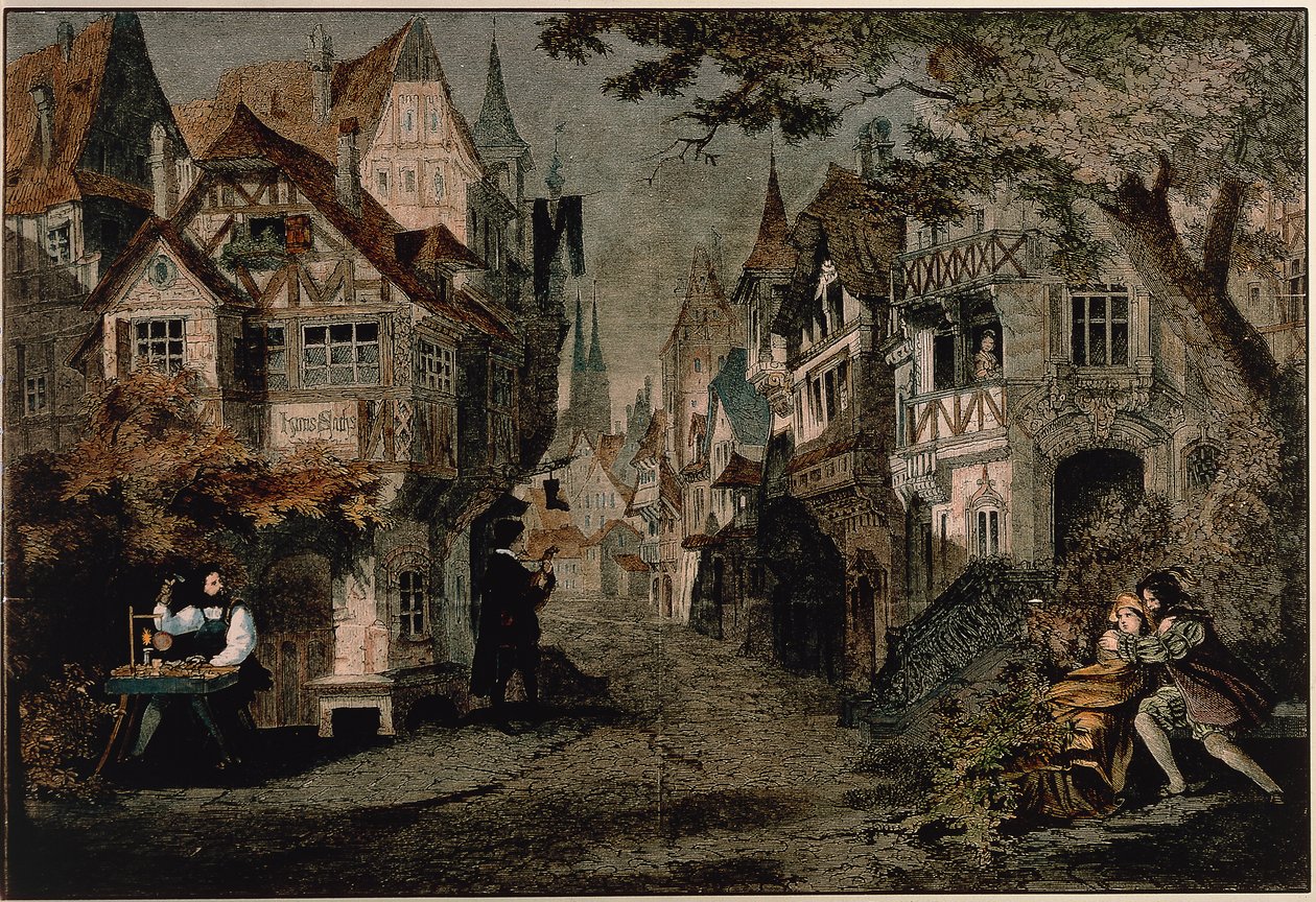 Hans Sachs, Scena 2 z „Die Meistersinger” Richarda Wagnera (kolorowa grawerunek) autorstwa German School