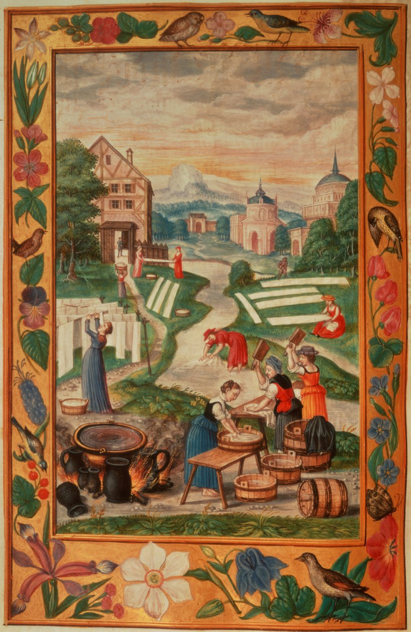 Harl 3469 f.32v Kobiety zajmujące się praniem, z „Splendor Solis” Salomona Trismosina autorstwa German School