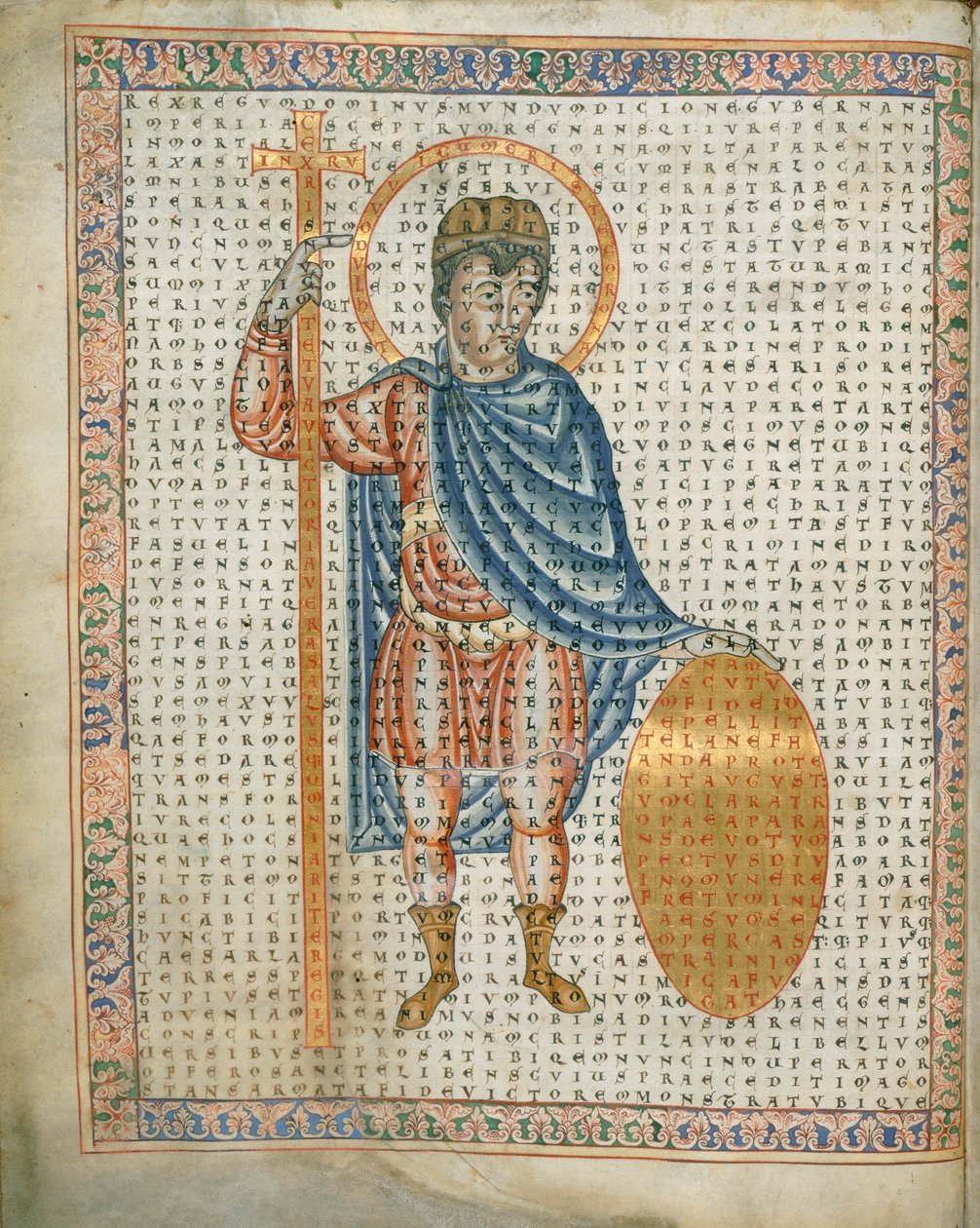 Harley 3045 fol.2 Cesarz Ludwik I Pobożny trzymający krzyż i tarczę, z „De Laudibus Sancte Crucis”, ok. 1170-79 (welum); autorstwa German School