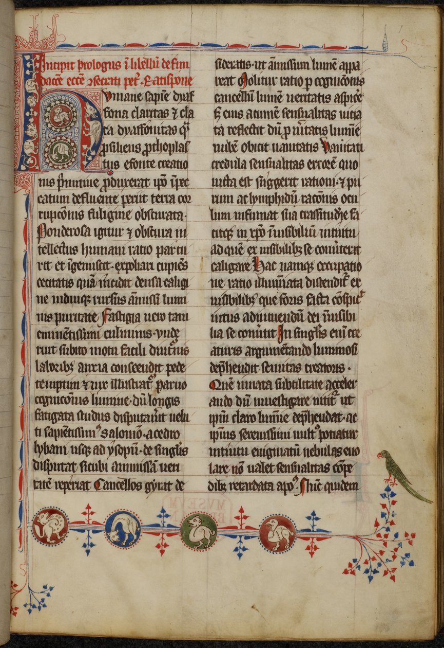 Harley 3973 f.1, Inicjał zamieszkany „H” (umane) z hybrydowymi stworzeniami i kwitnieniem pióra tworzącym trójstronną granicę (welum) autorstwa German School