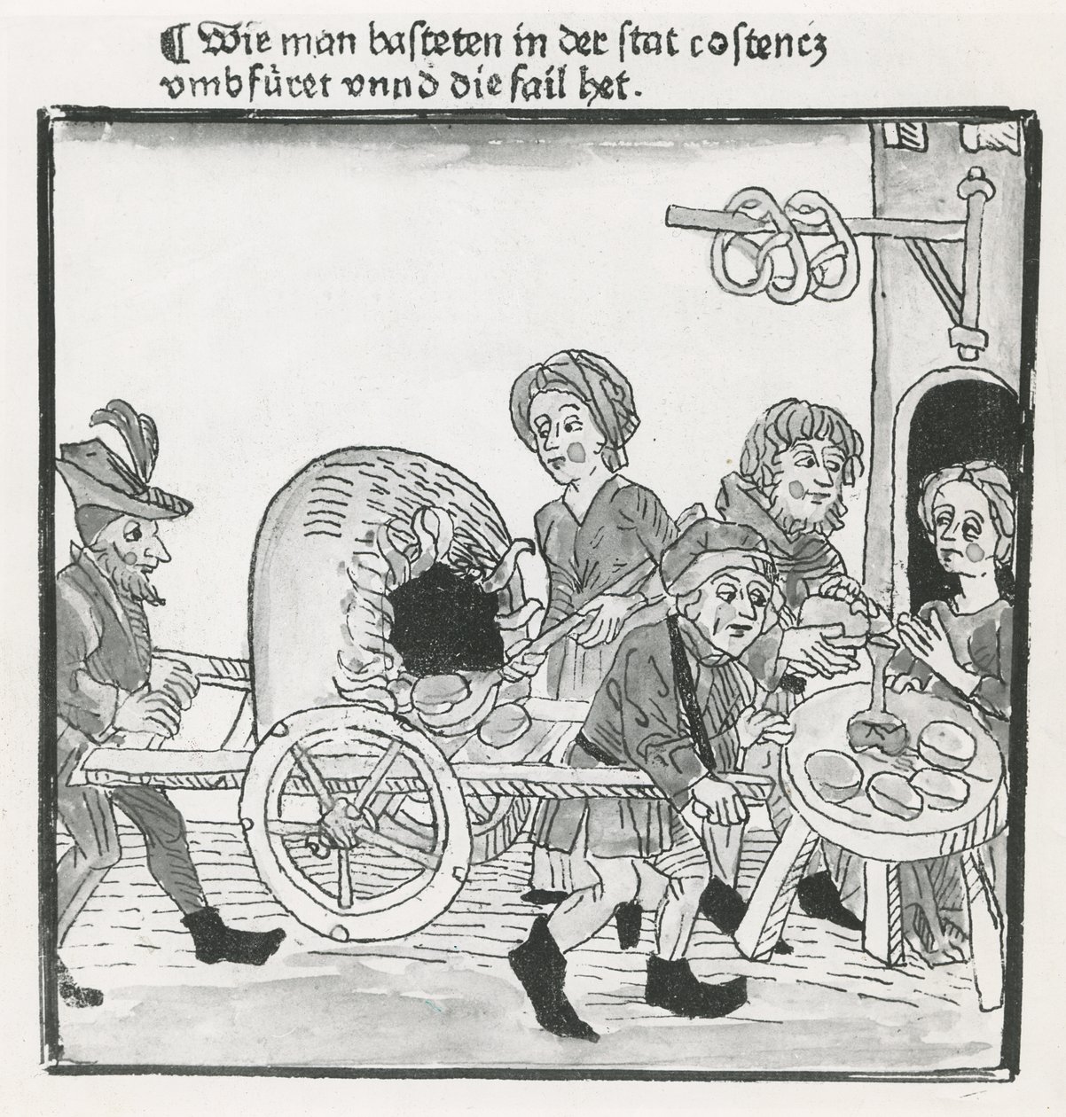Sokolnik z naleśników i precli, podczas soboru w Konstancji w 1417 r., według inkunabułu, ok. 1485 (pióro i atrament na papierze) autorstwa German School