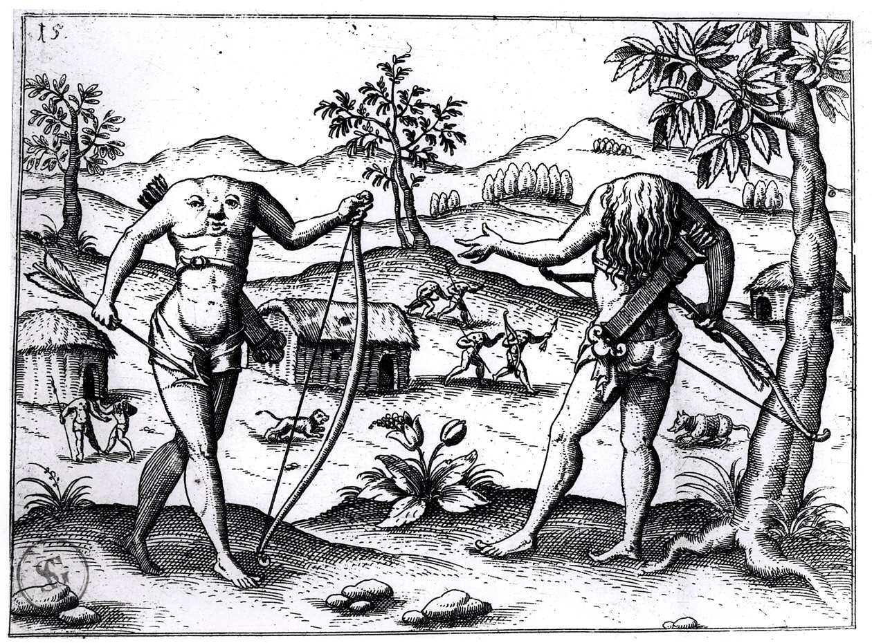 Bezgłowi mężczyźni i kobiety, ilustracja z relacji sir Waltera Raleigha o Gujanie, opublikowanej w Norymberdze, 1599 autorstwa German School