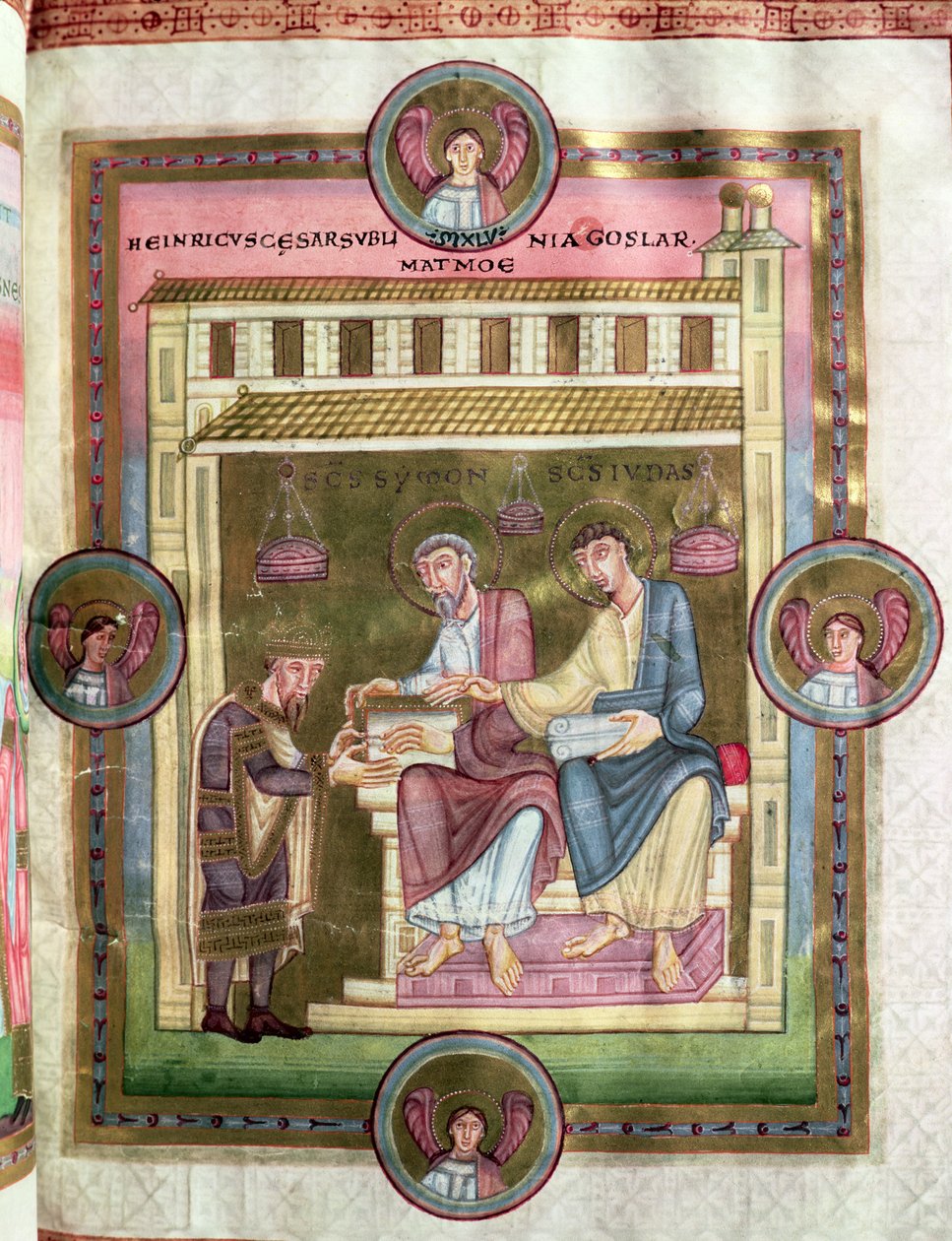 Henryk III (1017-56) z Apostołami Szymonem i Judą, z Codex Caesareus Upsaliensis, c.1045 autorstwa German School