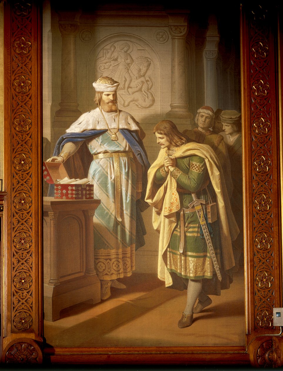Hermann von Thuringen zwraca poecie nowo odnaleziony rękopis „Aneide” z Sagi Tannhausera (olej na płótnie) autorstwa German School