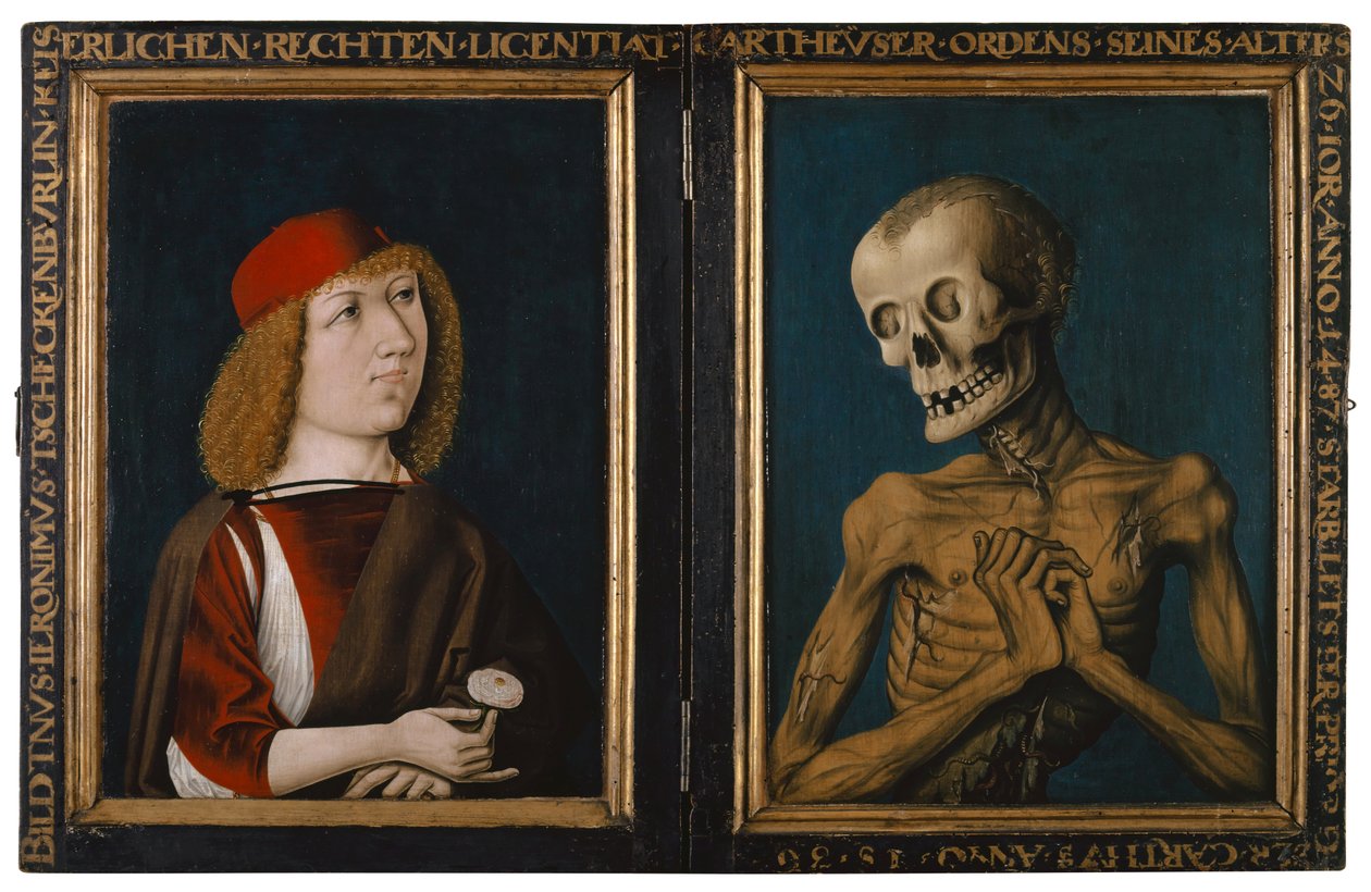 Hieronymus Tscheckenbürlin i Personifikacja Śmierci, 1487 (technika mieszana na drewnie lipowym) autorstwa German School