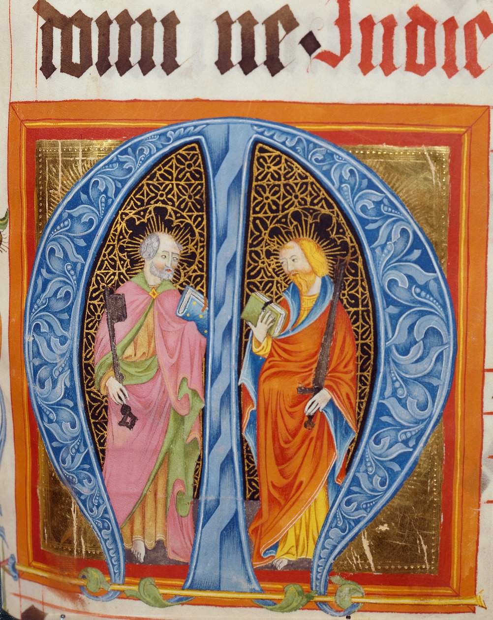 Historyczny inicjał M ze świętymi Piotrem i Pawłem, z Graduału Friedricha Zollnera z Langenzenn, 1439-42 autorstwa German School