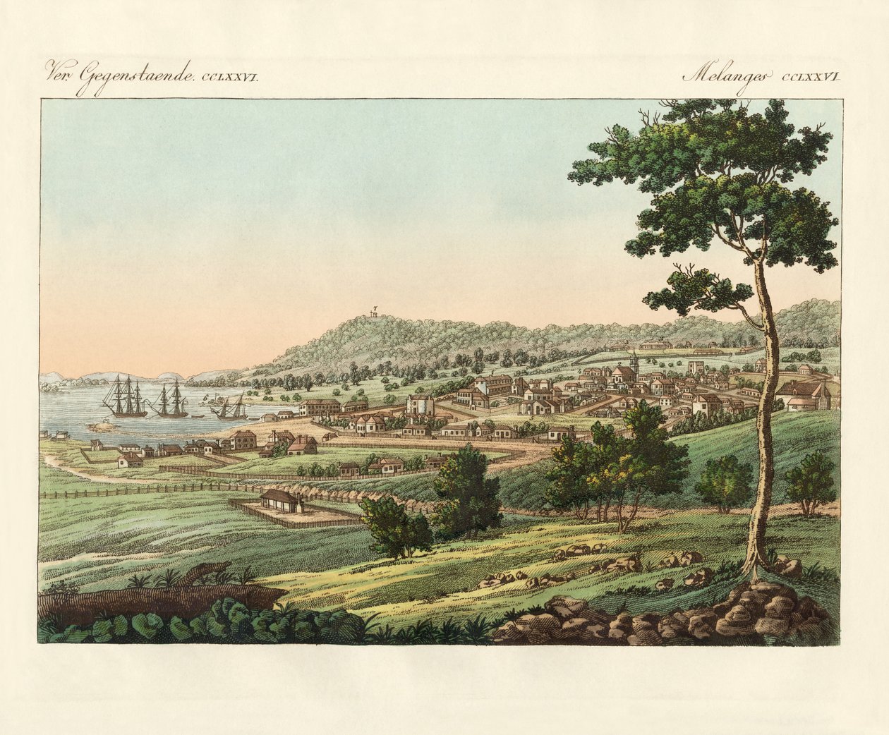Miasto Hobart w Van Diemens Land (kolorowy grawerunek) autorstwa German School