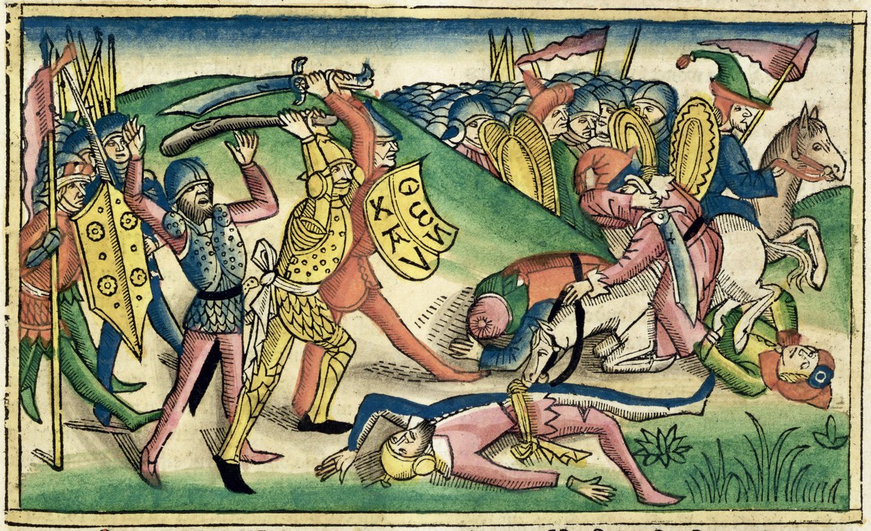 I Królów 15 16 Wojna między Asą i Baashą, z Biblii Norymberskiej (Biblia Sacra Germanaica) (kolorowy drzeworyt) autorstwa German School