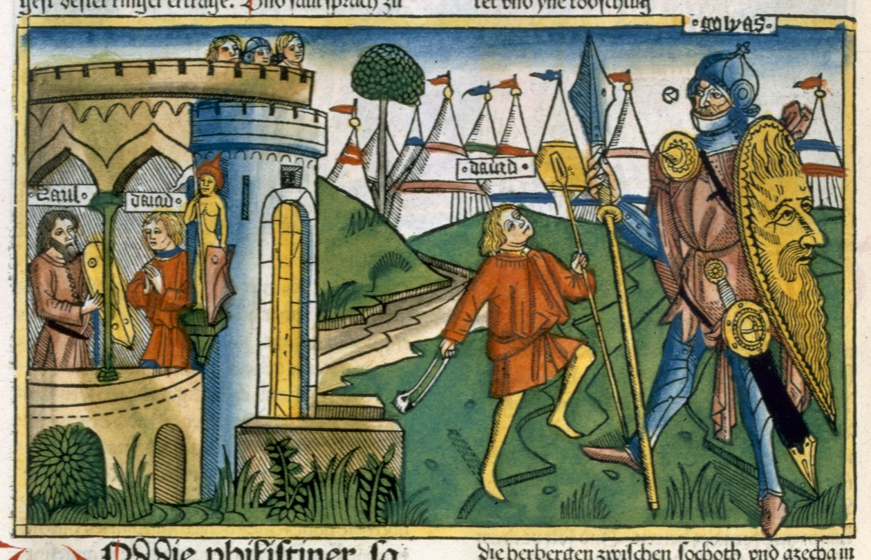 I Samuel 17 1-58 Dawid pokonuje Goliata i spotyka Saula, z Biblii Norymberskiej (Biblia Sacra Germanaica) (kolorowy drzeworyt) autorstwa German School