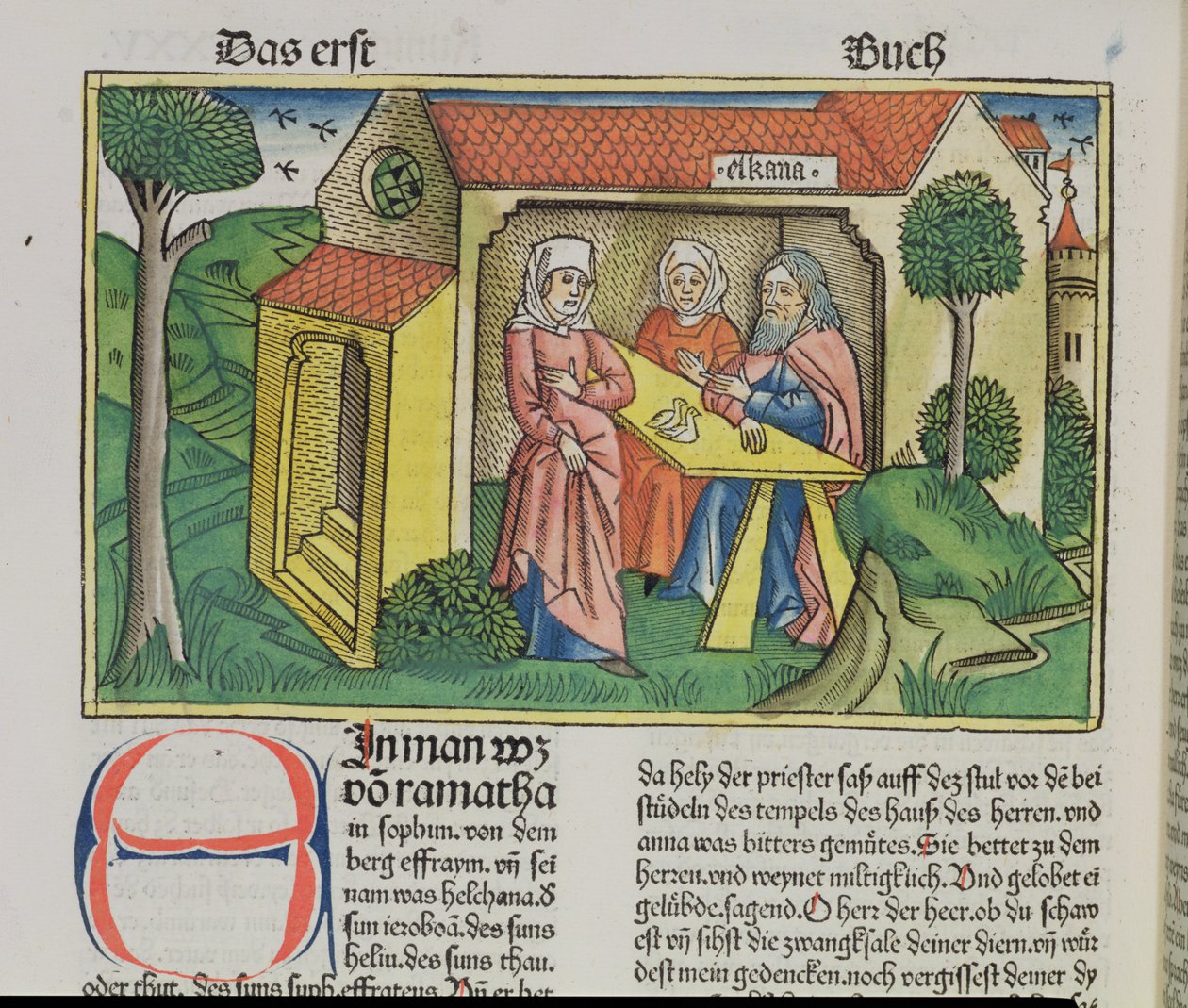 I Samuel 1:8 Elkana pociesza Hannę, z Biblii Norymberskiej (Biblia Sacra Germanaica) (kolorowy drzeworyt) autorstwa German School