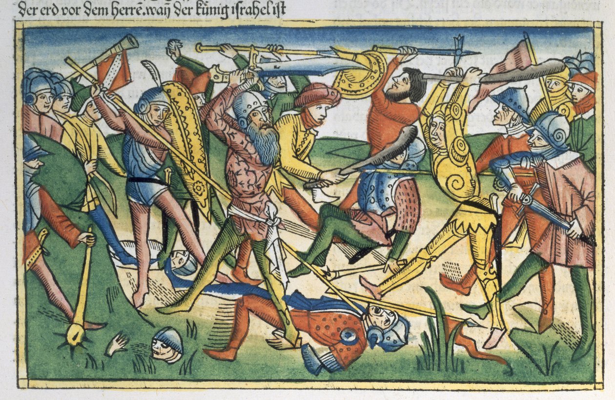 I Samuela 28 1-2 Wojna filistyńska przeciwko Izraelowi, z Biblii Norymberskiej (Biblia Sacra Germanaica) (kolorowy drzeworyt) autorstwa German School
